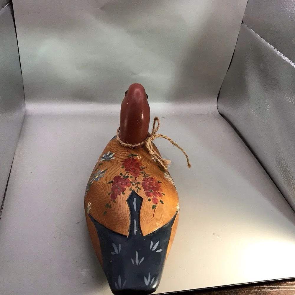 VTG Painted Wood Duck With Floral Accents And Glass Eyes By P. Davidson